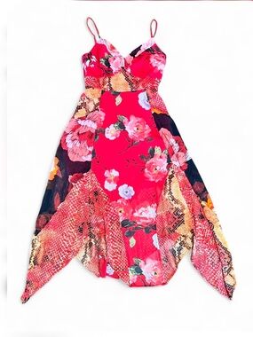 Guess Red Floral Asymmetrical Handkerchief Dress